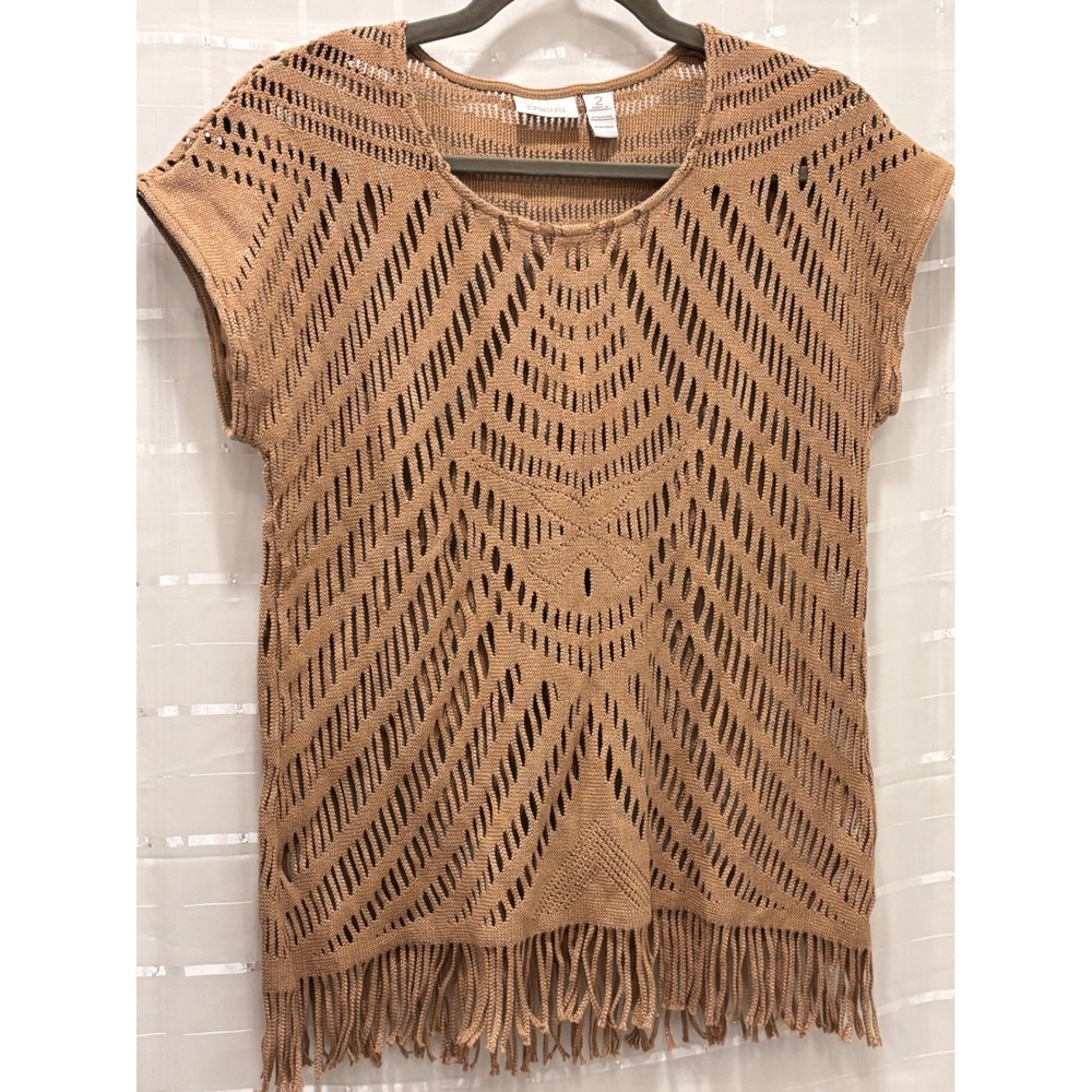 Chico's Tan Open Knit Fringe Hem Sweater Top Size 2 L Brown Pointelle Sleeveless